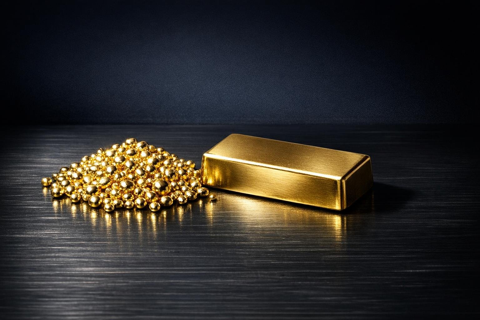 Fine gold casting grain beside a cast gold bar